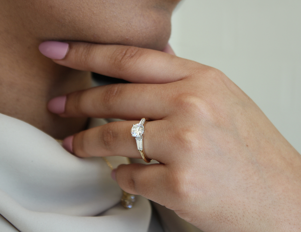 LuvMyJewelry Nova 14K Yellow Gold Tapered Baguette & Round Cut Lab Grown Diamond Three Stone Ring - 1.48 Ct