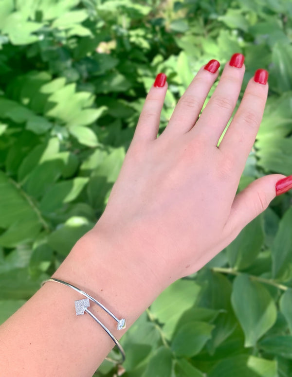 LuvMyJewelry One Way Arrow Adjustable Diamond Bangle In Sterling Silver