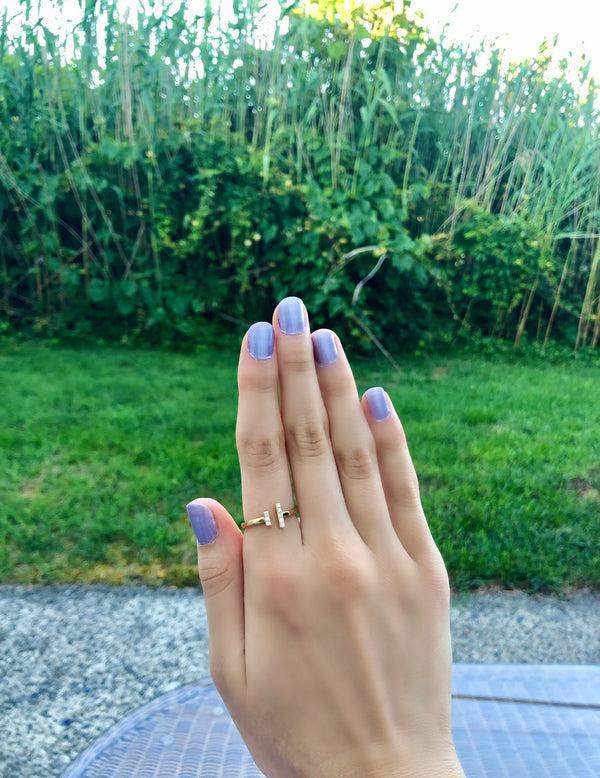 LuvMyJewelry Parallel Park Double Diamond Bar Open Ring In 14K Yellow Gold Vermeil On Sterling Silver