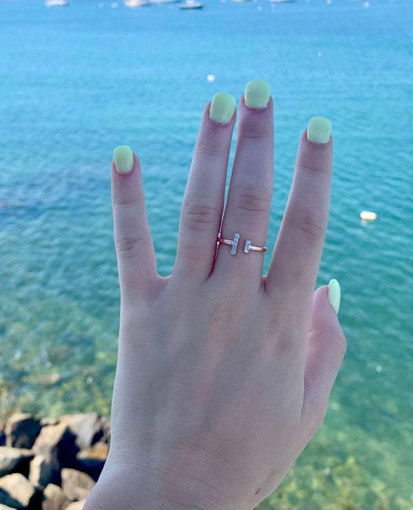 LuvMyJewelry Parallel Park Double Diamond Bar Open Ring In 14K Rose Gold Vermeil On Sterling Silver