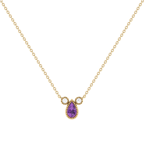 LuvMyJewelry Pear Shaped Amethyst & Diamond Birthstone Necklace In 14K Yellow Gold