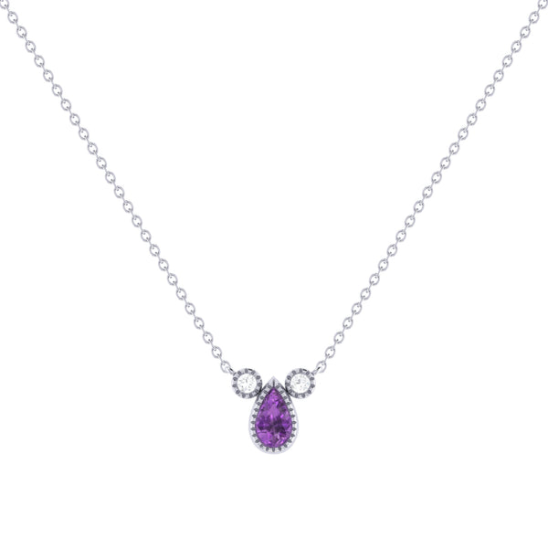 LuvMyJewelry Pear Shaped Amethyst & Diamond Birthstone Necklace In 14K White Gold