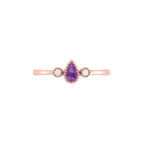 LuvMyJewelry Pear Shaped Amethyst & Diamond Birthstone Ring In 14K Rose Gold