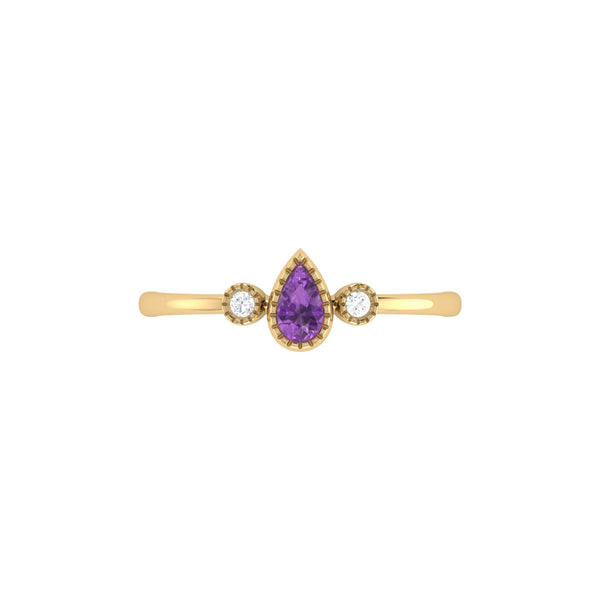 LuvMyJewelry Pear Shaped Amethyst & Diamond Birthstone Ring In 14K Yellow Gold