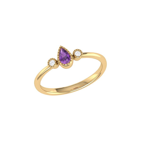 LuvMyJewelry Pear Shaped Amethyst & Diamond Birthstone Ring in 14K Yellow Gold