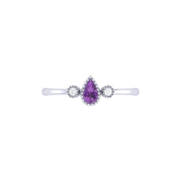 LuvMyJewelry Pear Shaped Amethyst & Diamond Birthstone Ring In 14K White Gold