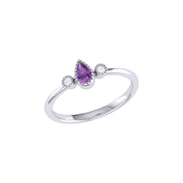 LuvMyJewelry Pear Shaped Amethyst & Diamond Birthstone Ring in 14K White Gold