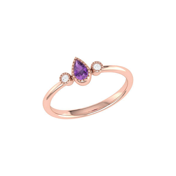 LuvMyJewelry Pear Shaped Amethyst & Diamond Birthstone Ring in 14K Rose Gold