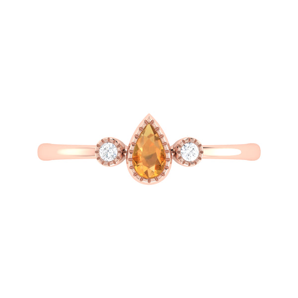 LuvMyJewelry Pear Shaped Citrine & Diamond Birthstone Ring In 14K Rose Gold