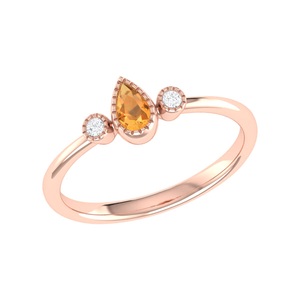 LuvMyJewelry Pear Shaped Citrine & Diamond Birthstone Ring In 14K Rose Gold