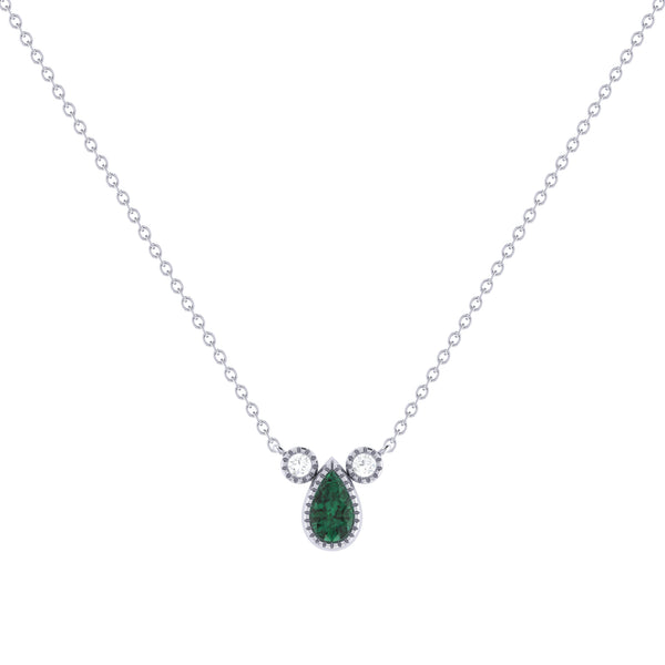 LuvMyJewelry Pear Shaped Emerald & Diamond Birthstone Necklace In 14K White Gold