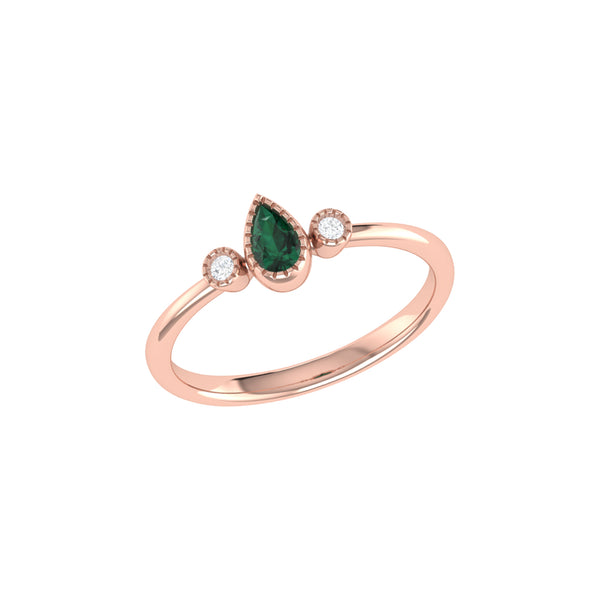 LuvMyJewelry Pear Shaped Emerald & Diamond Birthstone Ring In 14K Rose Gold