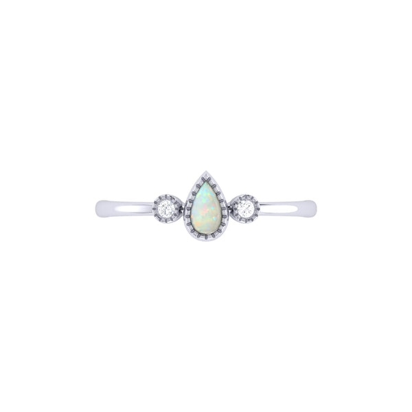 LuvMyJewelry Pear Shaped Opal & Diamond Birthstone Ring In 14K White Gold