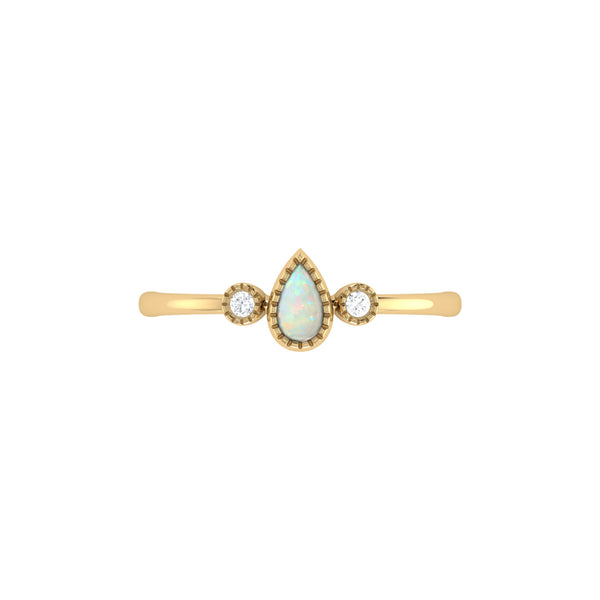 LuvMyJewelry Pear Shaped Opal & Diamond Birthstone Ring In 14K Yellow Gold