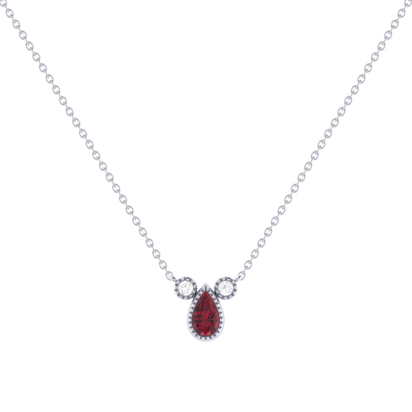 LuvMyJewelry Pear Shaped Ruby & Diamond Birthstone Necklace In 14K White Gold