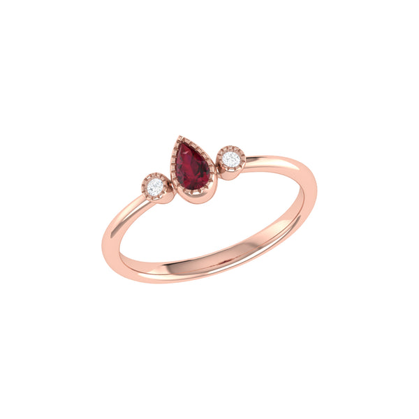LuvMyJewelry Pear Shaped Ruby & Diamond Birthstone Ring In 14K Rose Gold
