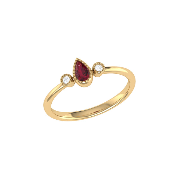 LuvMyJewelry Pear Shaped Ruby & Diamond Birthstone Ring In 14K Yellow Gold
