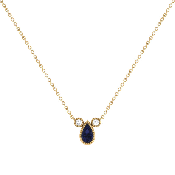 LuvMyJewelry Pear Shaped Sapphire & Diamond Birthstone Necklace In 14K Yellow Gold