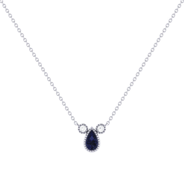 LuvMyJewelry Pear Shaped Sapphire & Diamond Birthstone Necklace In 14K White Gold