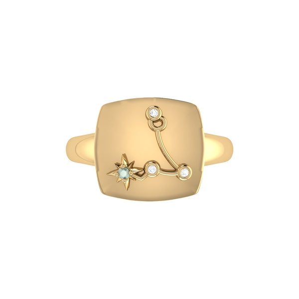 LuvMyJewelry Pisces Two Fish Aquamarine & Diamond Constellation Signet Ring In 14K Yellow Gold