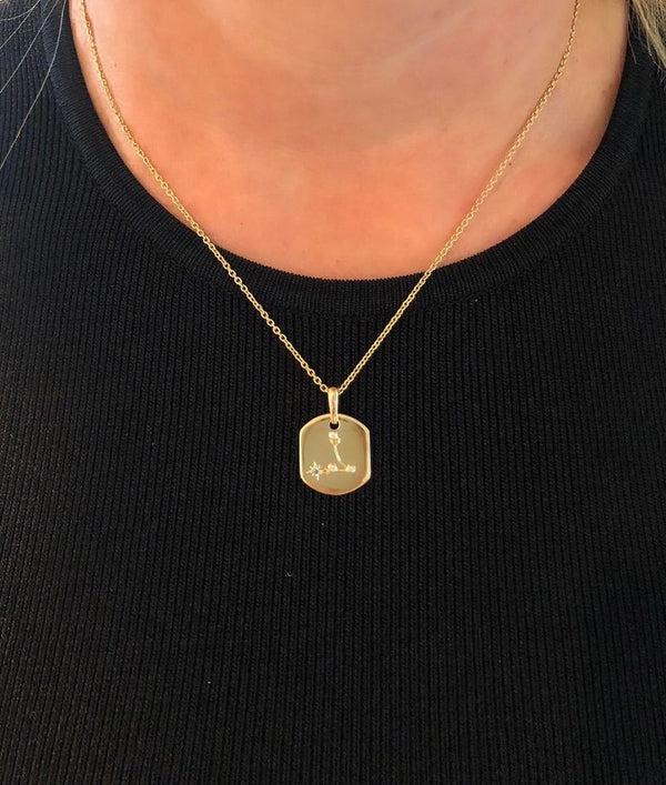 LuvMyJewelry Pisces Two Fish Aquamarine & Diamond Constellation Tag Pendant Necklace In 14K Yellow Gold