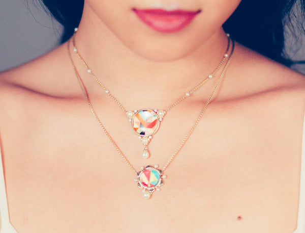 LuvMyJewelry Pops Of Passion Pearl & Diamond Mosaic Necklace In 14K Yellow Gold Plated Sterling Silver