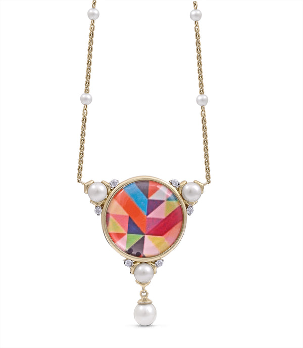 LuvMyJewelry Pops of Passion Pearl & Diamond Mosaic Necklace in 14K Yellow Gold Plated Sterling Silver