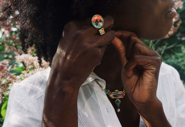 LuvMyJewelry Pyramid Pop Prehnite & Diamond Mosaic Open Ring In 14K Yellow Gold Plated Sterling Silver