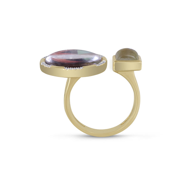 LuvMyJewelry Pyramid Pop Prehnite & Diamond Mosaic Open Ring In 14K Yellow Gold Plated Sterling Silver