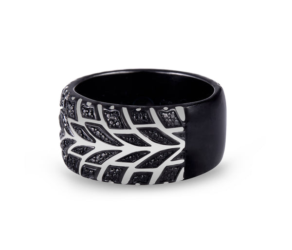 LuvMyJewelry Racer Swag Black Rhodium Plated Sterling Silver Tire Tread Black Diamond Band Ring