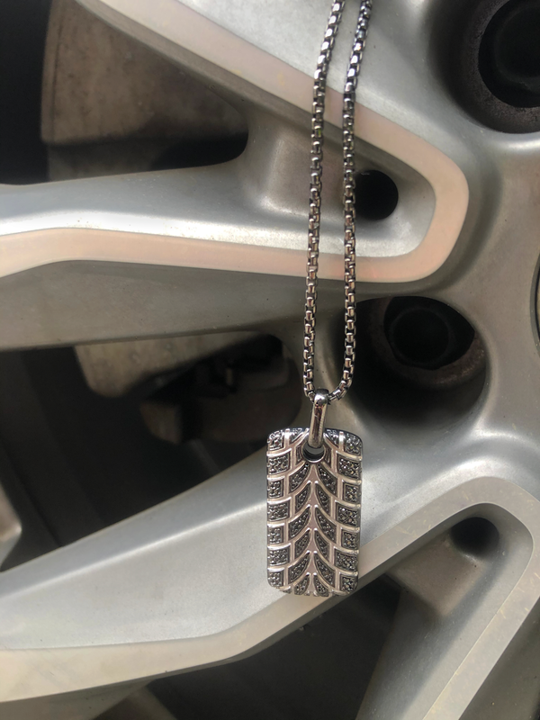 LuvMyJewelry Racer Swag Black Rhodium Plated Sterling Silver Tire Tread Black Diamond Tag