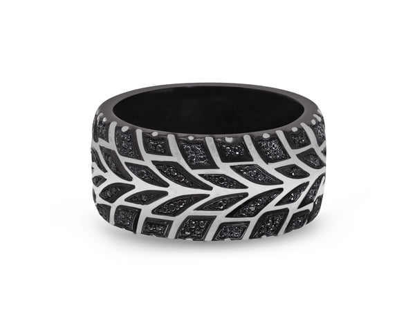 LuvMyJewelry Racer Swag Black Rhodium Plated Sterling Silver Tire Tread Black Diamond Band Ring