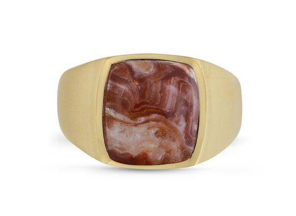 LuvMyJewelry Red Lace Agate Iconic Stone Signet Ring in 14K Yellow Gold Plated Sterling Silver