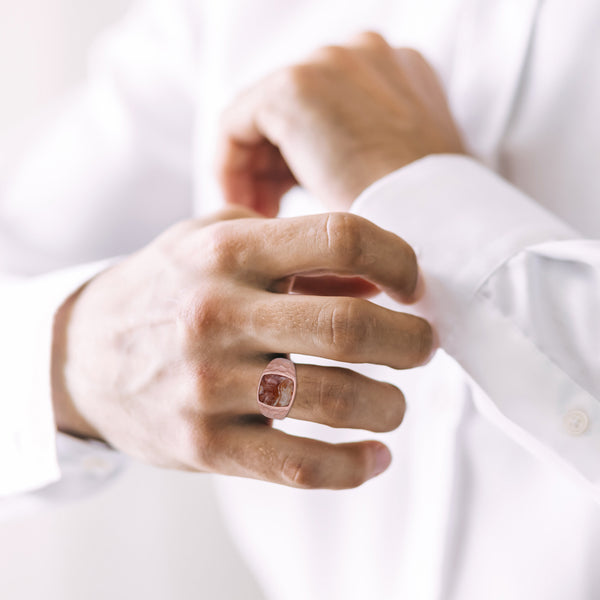 LuvMyJewelry Red Lace Agate Stone Signet Ring In 14K Rose Gold Plated Sterling Silver