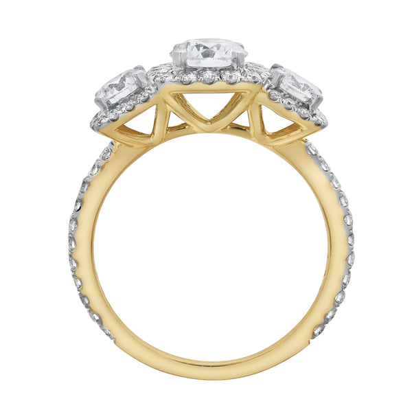 LuvMyJewelry Regalia 14K Yellow Gold Round Cut Lab Grown Diamond Halo Trinity Ring - 2 Ct