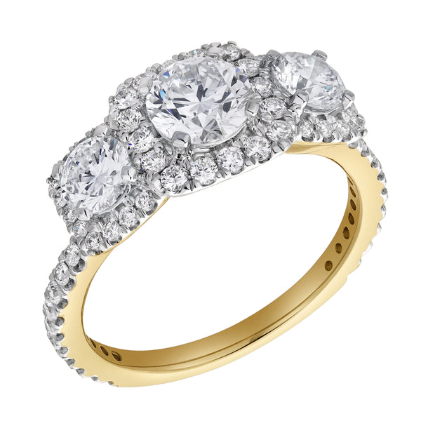 LuvMyJewelry Regalia 14K Yellow Gold Round Cut Lab Grown Diamond Halo Trinity Ring - 2 Ct