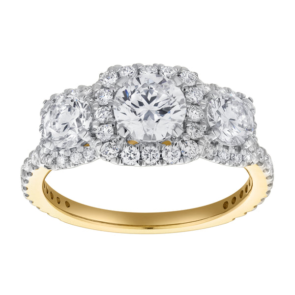 LuvMyJewelry Regalia 14K Yellow Gold Round Cut Lab Grown Diamond Halo Trinity Ring - 2 ct