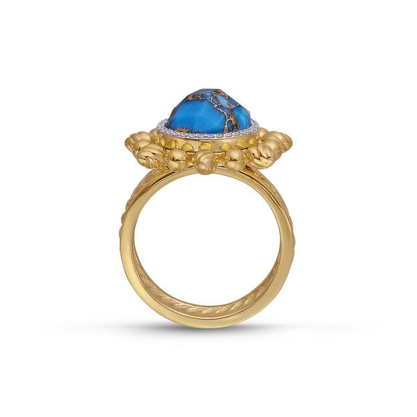LuvMyJewelry Rise & Shine Turquoise & Diamond Detachable Sun Ring In 14K Yellow Gold Plated Sterling Silver