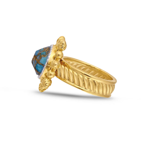 LuvMyJewelry Rise & Shine Turquoise & Diamond Detachable Sun Ring In 14K Yellow Gold Plated Sterling Silver