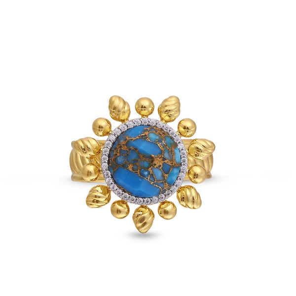 LuvMyJewelry Rise & Shine Turquoise & Diamond Detachable Sun Ring in 14K Yellow Gold Plated Sterling Silver