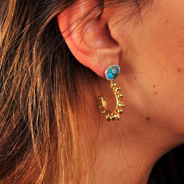 LuvMyJewelry Rise & Shine Turquoise & Diamond Sun Earrings In 14K Yellow Gold Plated Sterling Silver