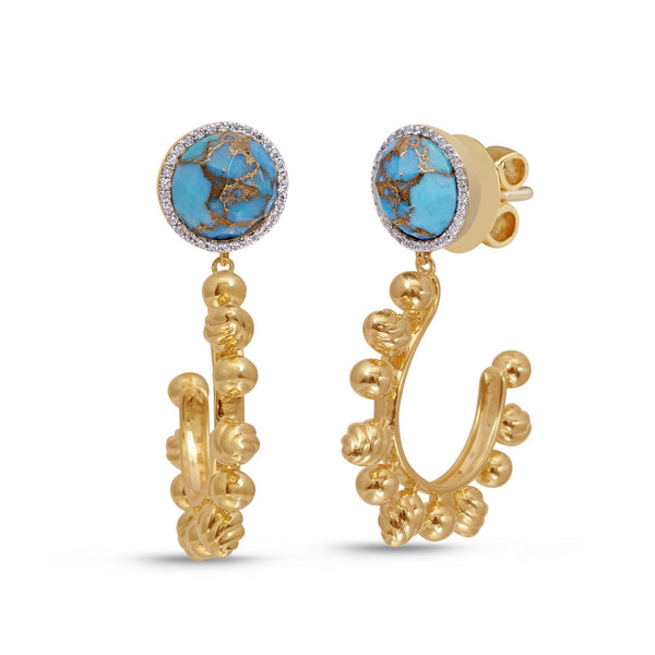 LuvMyJewelry Rise & Shine Turquoise & Diamond Sun Earrings in 14K Yellow Gold Plated Sterling Silver