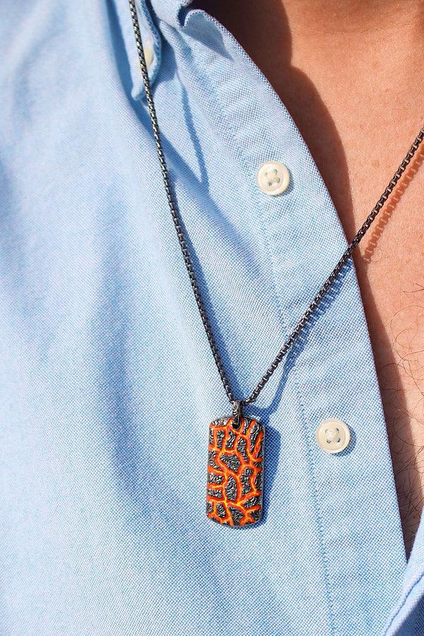 LuvMyJewelry Rivers Of Fire Black Rhodium Plated Sterling Silver Textured Red Orange Enamel Tag