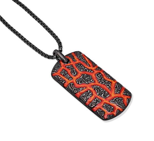 LuvMyJewelry Rivers Of Fire Black Rhodium Plated Sterling Silver Textured Red Orange Enamel Tag