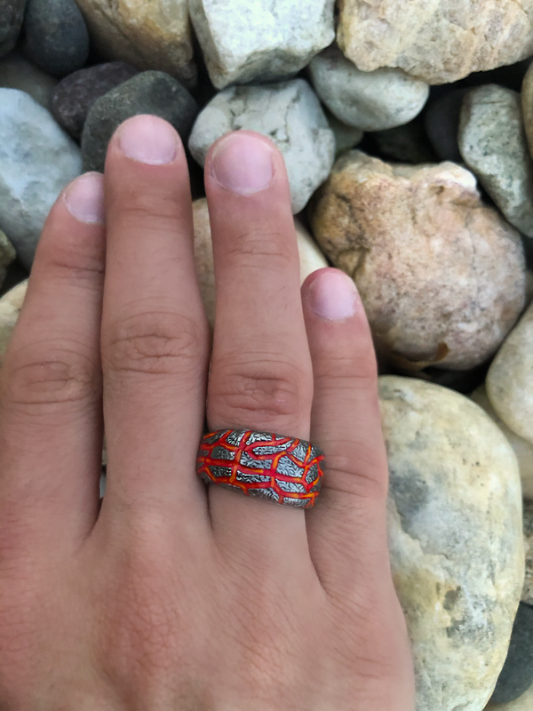 LuvMyJewelry Rivers Of Fire Black Rhodium Plated Sterling Silver Textured Red Orange Enamel Band Ring