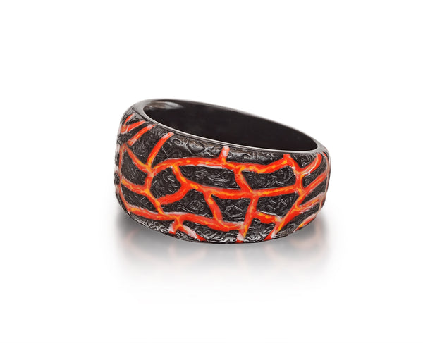 LuvMyJewelry Rivers Of Fire Black Rhodium Plated Sterling Silver Textured Red Orange Enamel Band Ring