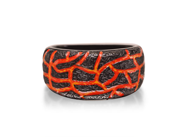 LuvMyJewelry Rivers of Fire Black Rhodium Plated Sterling Silver Textured Red Orange Enamel Band Ring