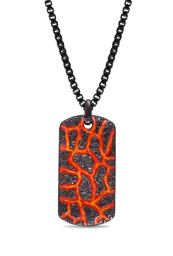 LuvMyJewelry Rivers of Fire Black Rhodium Plated Sterling Silver Textured Red Orange Enamel Tag