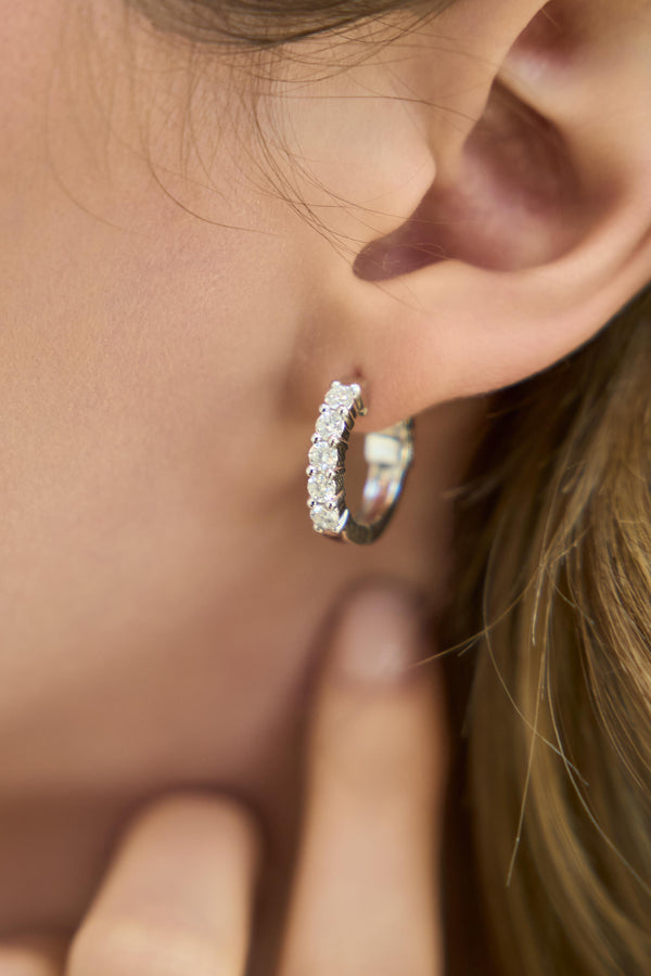 LuvMyJewelry Rosewood Halfway Diamond Set Huggie Hoop Earrings In 14K White Gold