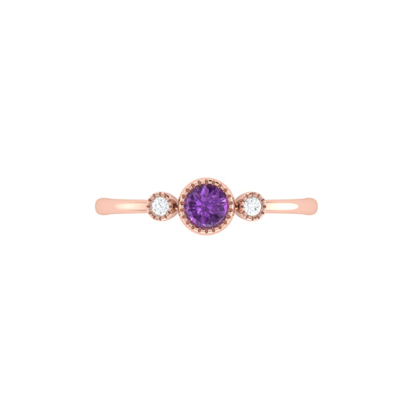 LuvMyJewelry Round Cut Amethyst & Diamond Birthstone Ring In 14K Rose Gold
